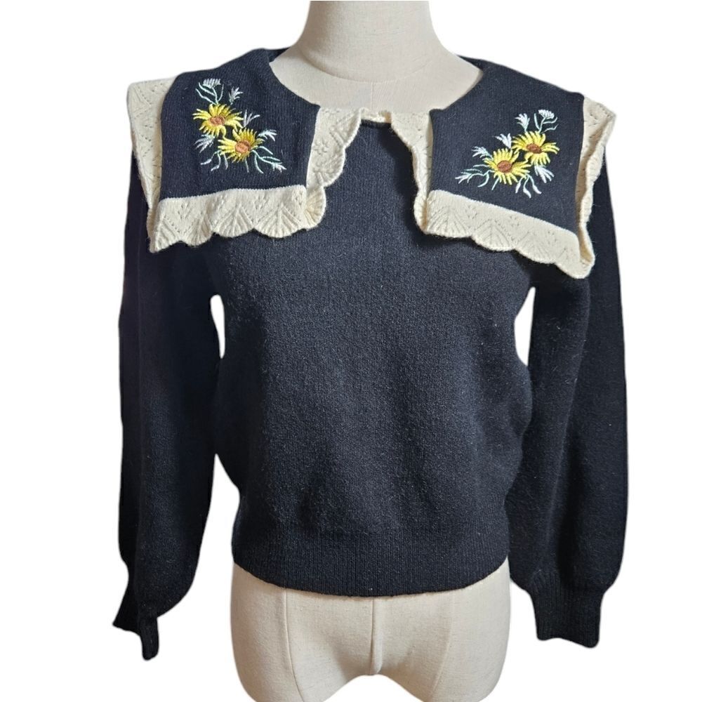 SHEIN Black Floral Embroidered Big Collar Sweater